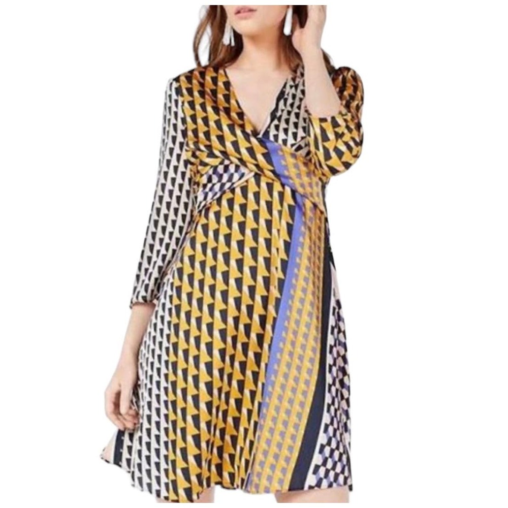 Bar III Womens Small Geometric Twist Front Cocktail Dress Patchwork Wearable Art